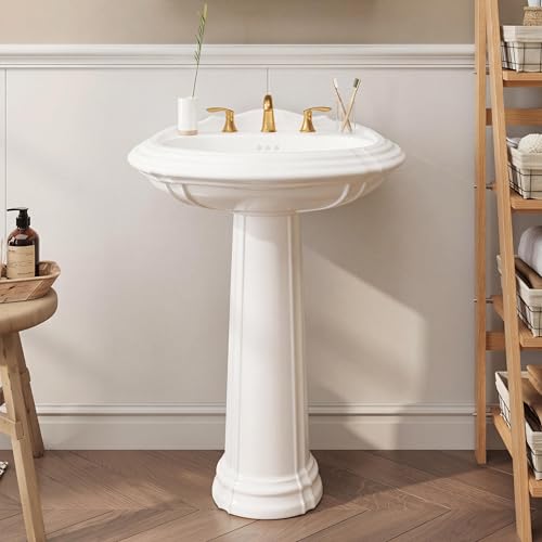 Garvee 22" W X 17" D Pedestal Sink – White Ceramic Rectangular Bathroom Vanity with Overflow,Bathroom Pedestal Sink with 3 Pre-Drilled Holes for 8 in Faucets