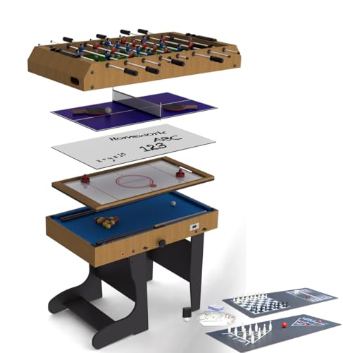 Riley 4ft Mini Multi Games Table 12-in-1 with Table Football Pool Whiteboard & Real Electric Air Hockey Complete with Accessories for All Games - Easy Folding for Storage