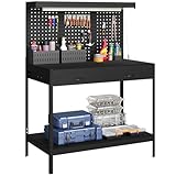 HOMCOM Workbench with Pegboard, Heavy-Duty Work Bench with 2 Drawers and Adjustable Shelf, Workstation for Garage Workshop Warehouse, 272 kg Load Capacity, 110 x 60 x 150 cm, Black