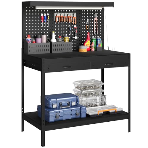 HOMCOM Workbench with Pegboard, Heavy-Duty Work Bench with 2 Drawers and Adjustable Shelf, Workstation for Garage Workshop Warehouse, 272 kg Load Capacity, 110 x 60 x 150 cm, Black