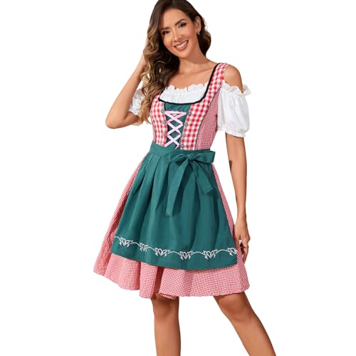 Oktoberfest Outfits Women German Dirndl Dress Traditional Bavarian Pink Plaid October Festival Costume