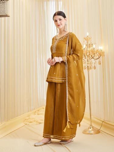 Image of MOKOSH Women's Silk Embroidery Peplum Kurta Sharara with Dupatta | Anarkali Kurta Set | Sweetheart Neck Full Sleeve Ethnic Suit | 3 Piece Outfit | Indian Kurta Outfit With Sharara