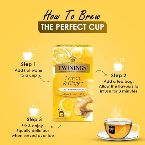 Image of Twinings Lemon & Ginger Tea, Perfect Blend of Zesty Lemon & Ginger Spice, Boosts Immunity, Rich in Anti-oxidants, Caffeine-Free, Made With Finest Ingredients, Enjoy as Hot or Iced Tea I 25 Tea Bags