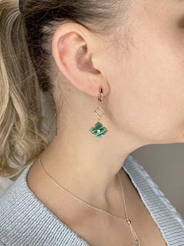 Mother of Pearl, Black Onyx or Green Malachite with Cubic Zirconia Flower Dangling Drop Earrings for Women in 925 Sterling Silver with Hinged Back by Lavari Jewelers2