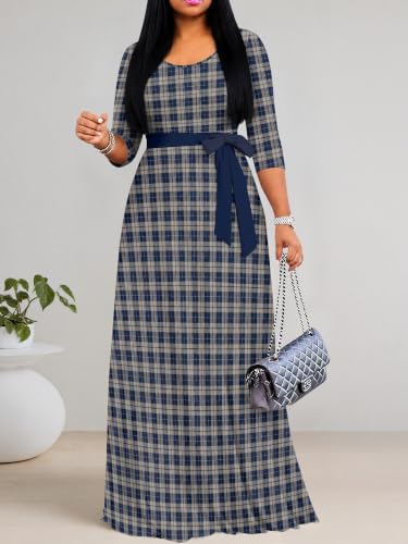 Image of Maxi Dress for Women with Sleeves, Empire Waist Dress | A-line shape, self-tie belt, side pockets and pull-on design; stretch fabric for church, work and casual wear