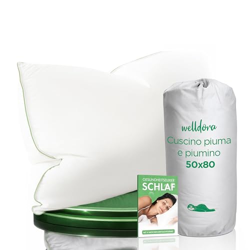 Welldora Cuscino 50x80 Alta Qualità | Cuscino Piuma d’Oca e Piumino 100% Naturali | Guanciale Cervicale Ergonomico 3 Camere Medio Duro Scientificamente Testato, Certificato Oeko-Tex. in Germania