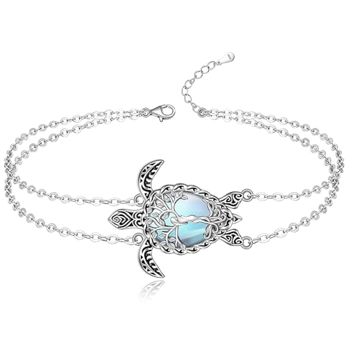 Image of Fenthring Turtle Anklet Tree of Life Sea Turtle Ankle Bracelets for Women Sterling Silver Anklets Beach Ocean Jewelry Christmas Gifts