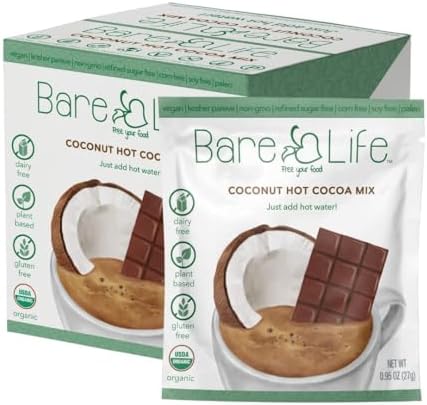 Bare Life Organic Dairy Free Coconut Hot Cocoa Mix | Single Serve Vegan Hot Chocolate Packets 0.95 oz (10 Count) | Gluten Free, Plant Based, Paleo, Soy Free, Corn Free, Lactose Free, Kosher Pareve
