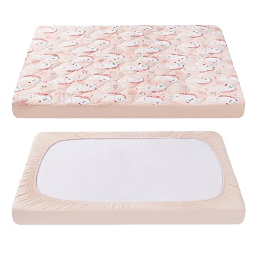 Image of TILLYOU Pack and Play Sheet - Soft Quilted Crib Cover Pad, Toddlers Mattress Protector with 1''-3'' Deep Pocket, Thick Play Yard Playpen Sheets, Crib Mattress Pad 39"x27", Unicorn