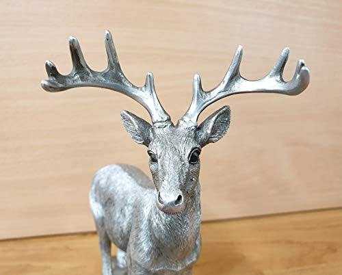 20 cm Vintage Rustic Silver Effect Resin Deer/Stage Ornament Figurine Statue Sculpture - 20cm x 19cm