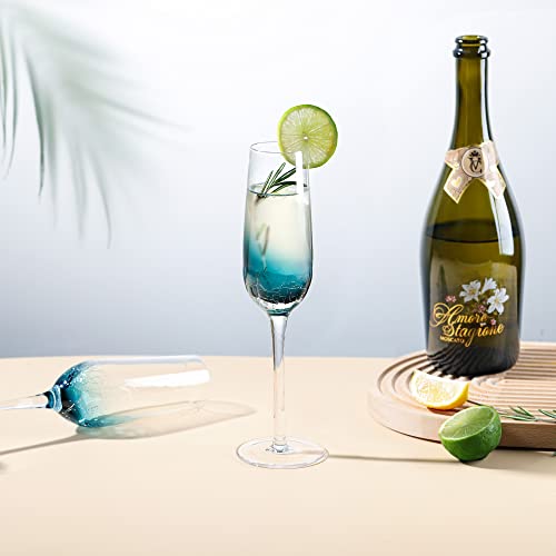 Joeyan Blue Crackle Champagne Flutes Glasses Set of 2, 200ml Unique Handmade Aesthetics Glassware Art Decoration - Image 4