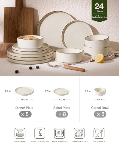 Image of Famiware Nebula Plates and Bowls Sets, 24 Pieces Stoneware Dinnerware Sets, Reactive Glaze Dish Set, Dishes Set for 8, Matte Beige White with Brown Rim