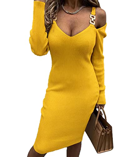 GRMLRPT Vestido de Manga Larga para Mujer Vestido Ajustado de Fiesta Elegante Color Sólido Escotado Minivestido de Cóctel Sexy para Fiesta Club Noche(Jaune,L) Cover