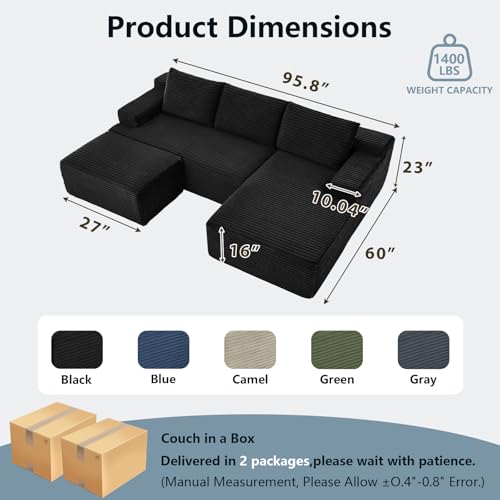 Image of 96 inch W Cloud Sectional Couch with Ottoman,Modern U-Shaped Cloud Couch with Side Pockets,Comfy Corduroy Sofa,Memory Foam Sofa for Living Room,No Assembly (Black,Right-Facing Chaise)
