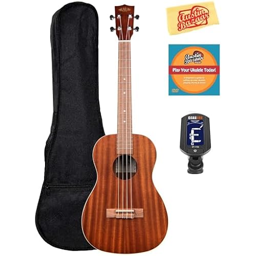 Kala KA-B Satin Mahogany Baritone Ukulele Bundle with Gig Bag, Tuner, Austin Bazaar Instructional DVD, and Polishing Cloth