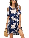 Bluetime Women Summer Cold Shoulder Criss Cross Neckline Short Sleeve Casual Tunic Top Dress (S-3XL), Floral14, XX-Large