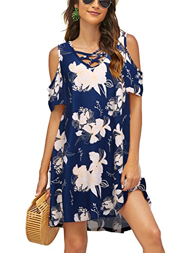 Image of Bluetime Women Cold Shoulder Summer Dress Short Sleeve Beach Casual Loose Swing Dress