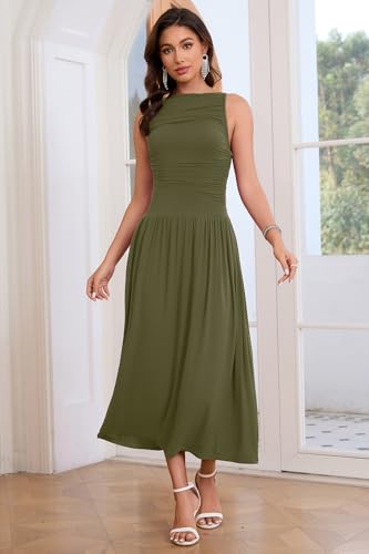 Image of Womens Summer Casual Midi Maxi Dress 2026 Sleeveless Ruched A Line Flowy Cocktail Wedding Guest Beach Long Sundress