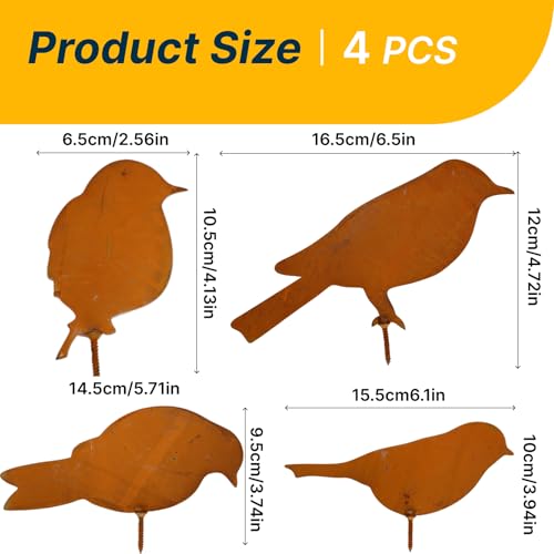 4PCS Rostiges Vögel Deko Rost, Vögel Gartenstecker Rost Deko Gartendeko Für Draußen, Edelrost Vogel Stecker Für Garten, Rostoptik Mit Schraubgewinde, Kreative Gartendeko Für Zaun, Bäume Und Terrassen