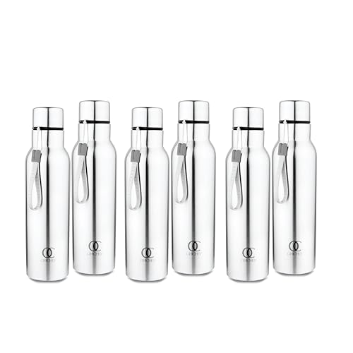 Image of Omichef Stainless Steel sports Water Bottle, 750 ml water bottles, Single walled, Leak-Proof, Rust-free, Easy Grip, Easy to Carry, Travel Bottle, Silver (Pack Of 6)