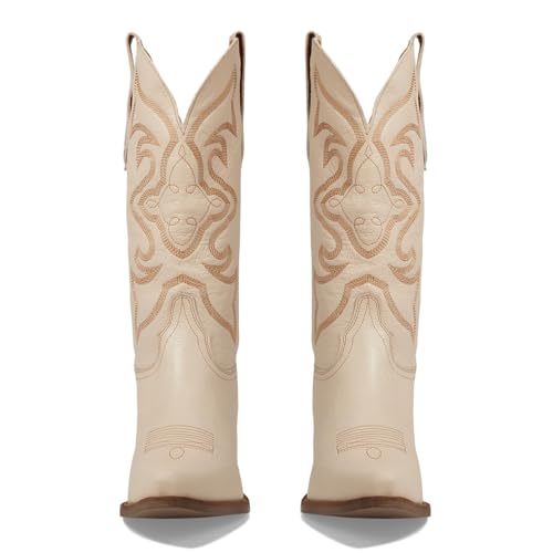 Image of LEHOOR Cowboy Boots Women Embroidered Mid Calf Western Boots Stacked Low Heel Pointed Toe Pull On Cowgirl Boot 4-11 M US