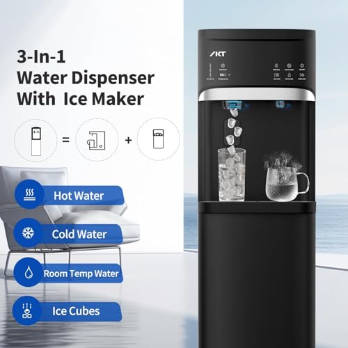 Image of IKT Self-Clean Bottom Loading Hot and Cold Water Dispenser with Ice Maker Machine for 5 Gallon Bottle 22lbs Daily Capacity Ice Full Alert Black