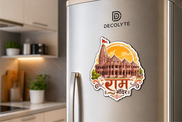 Image of Ram Mandir Theme Wooden Fridge Magnet Souvenir | 3x3 in Kitchen Home Decor Gift