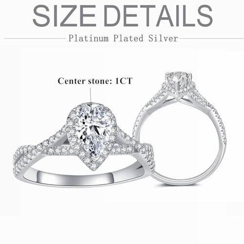 Blocaci Pear Shaped Engagement Rings for Women 1-1/2 Carat(ctw) Moissanite Twisted Engagement Rings Platinum Plated Silver Wedding Anniversary Promise Rings 5