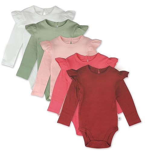 Image of HonestBaby baby-girls 5-pack Long Sleeve Ruffle Shoulder Bodysuits 100% Organic Cotton for Infant Baby Girls