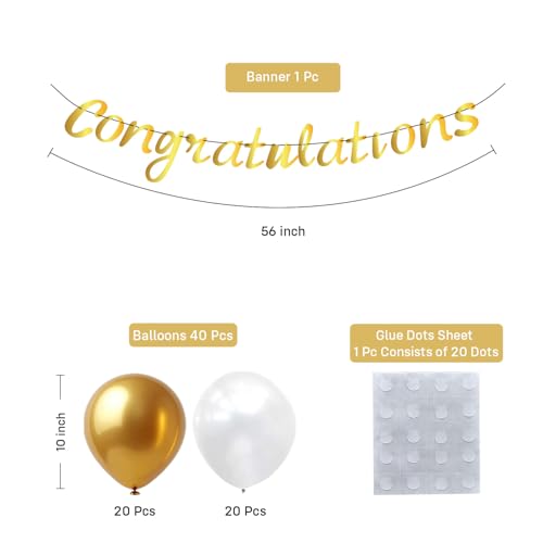 Image of Party Propz Congratulations Banner - 42 Pcs Golden And White Congratulations Decoration Items | Balloons For Decoration | Congrats Banner (Cardstock, Latex)