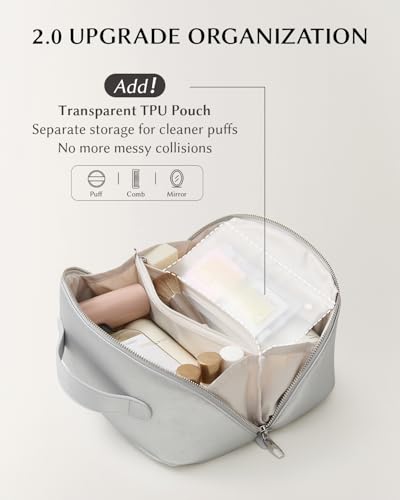 Image of EACHY Travel Makeup Bag, Large Capacity Cosmetic Bag for Women, Waterproof PU Leather, Flat Open Portable Toiletry Bag for Skincare, Brushes & Travel Essentials