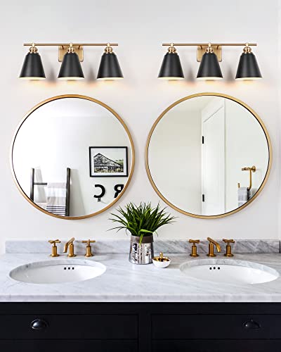 Image of 23-Inch 3-Light Black and Gold Farmhouse Bathroom Vanity Light | Metal shades, white interiors, 3 E26 sockets (60W max, no bulbs), dimmable, ETL listed, hardware, for mirror & bedroom