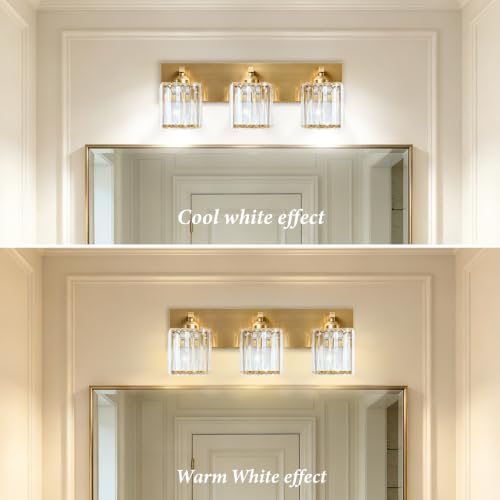 Image of Gold Crystal Bathroom Vanity Light, 3-Light Modern Bathroom Lighting Fixtures Over Mirror,Chrome Wall Sconce Light Fixtures with Square Shade