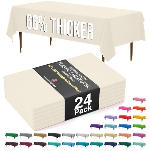 Exquisite 66% Thicker Premium Plastic Table Cloth Rectangle Table Cover 0.5 Mil 24 Pack Ivory Table Cloth 54 Inch x 108 Inch Disposable Tablecloth Won't Tear Easily Like Cheap Thin Brands