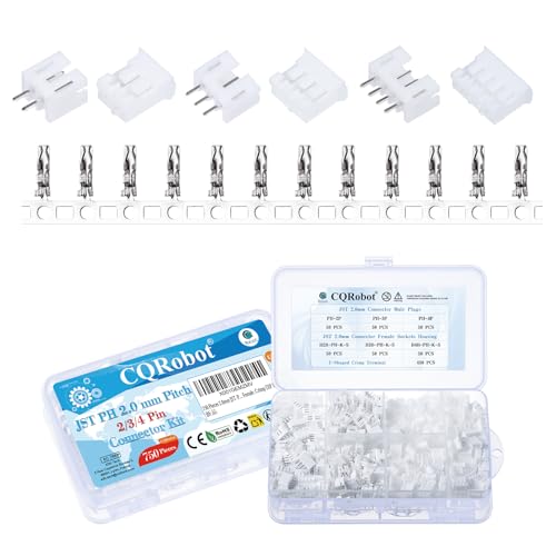 CQRobot JST PH 2.0 mm Pitch 2-Pin/3-Pin/4-Pin Electronic Connector IC Male Plugs, Female Sockets Housing and T-Shaped Crimp Terminal Kit. 150 Sets/750 Pieces Wire-to-Board Adapter Cable Assembly.
