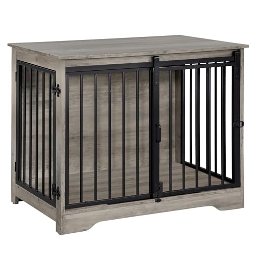 Hzuaneri Dog Crate Furniture, 81 cm Double Door Wooden Dog Crate with Barn Door, Indoor Kennel, End Side Table Animal Crates for Small Medium Dogs, Anti-Chew Anti-Escape, Light Ivory DFC83605B