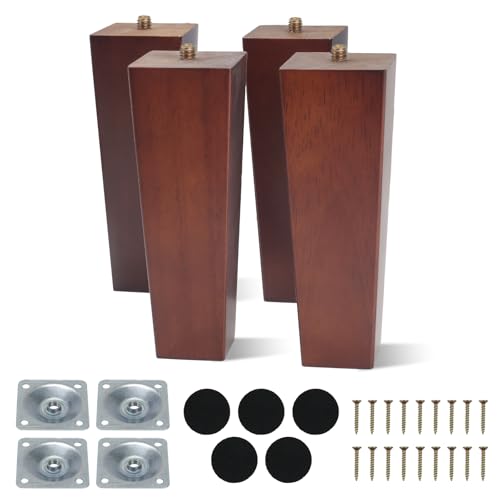 AWBEOT 4 Piedini per Mobili in Legno da 15 cm, Gambe per Mobili in Legno, Gambe Quadrate, Gamb di Ricambio per Divano,con Piastra di Montaggio,Pad Antiscivolo,Viti,per Tavolo,Letto,Armadio,colore noce