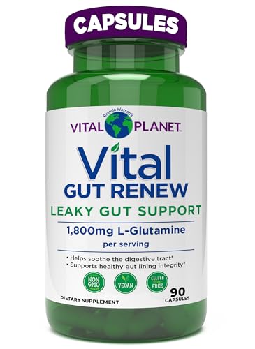 Vital Planet - Vital Gut Renew Capsules Supplement for Leaky Gut Repair with L-Glutamine Marshmallow and Ginger Root DGL Licorice Root and Organic Aloe Vera L Glutamine 1800mg 90 Capsules