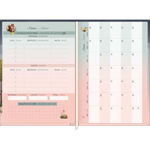 Tilibra - Agenda Costurada Petit Diária 10,5 x 14,8 cm Loveland 2025 - Fundo Rosa claro - floresta