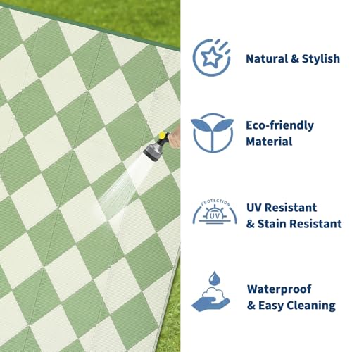 Garvee 8x10 Outdoor Rug Waterproof Reversible Outdoor Plastic Straw Rug Portable Patio Rugs Diamond Checkered Carpet for Patio RV Camp Balcony Deck Picnic, Green and Beige by Garvee - Image 5