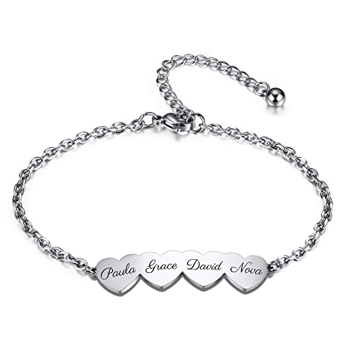 OTXIXTO Bracelets de Nom Personnalisés pour Femme avec 2-5 Noms Gravés Coeurs Bracelet à Breloques pour Amitié Mère Couples Lien Réglable Ami Anniversaire Demoiselle d'honneur Cadeaux