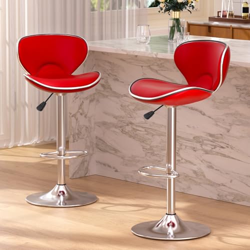 Brage Living Bar Stools Set of 2 Adjustable Swivel Barstools for Kitchen Counter Modern PU Leather Counter Height Bar Chair with Back and Footrest for Kitchen Island Dining Room Caf Pub (Red)