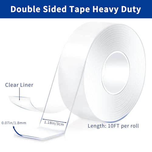 Double Sided Tape Heavy Duty 2 Rolls 120" x 1.18" Removable Nano Tape for Poster Carpet Picture Hanging Strip Rug Strong Adhesive Multipurpose Clear Mounting Two Stick Sided DIY Tape - 20 Feet - Image 6