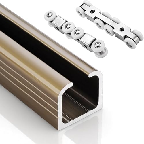 Kit de Herrajes para Puerta Corredera de Bolsillo de Aluminio 3ft 8ft 10ft 12ft 13ft, Sistema Comercial de Seguimiento para Puerta Granero, Riel para Puerta de Armario para 2 a 4 Puertas con Polea de Acero Inoxidable (Marrón, 100cm/3.3ft/39.4in) miniatura 1