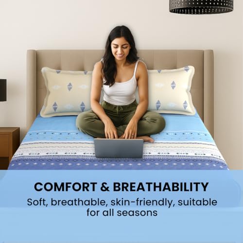 Image of Mafatlal Plush 140 GSM Double Bed Sheet | Fine Microfiber Weave | Queen Size | 90 x 100 Inches | Soft Texture & Long Life | Indigo Blue