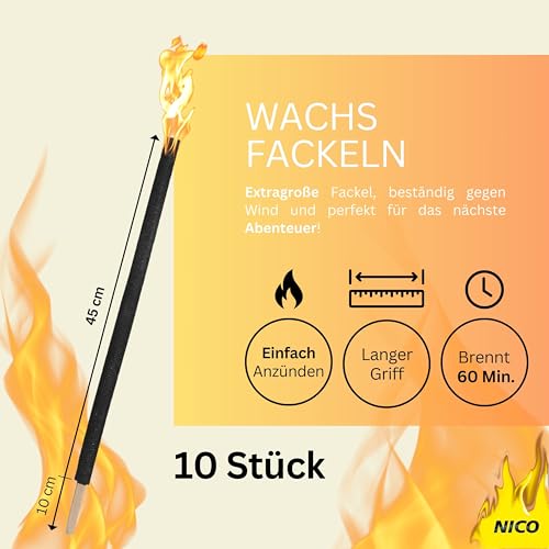 Nico Feuerwerk® 10 Stück Wachsfackeln, Brenndauer 60 Min. I hochwertige Fackeln aus Wachs mit Handschutz I Garten-Fackel für Outdoor Party, Event, Nacht-Wanderung
