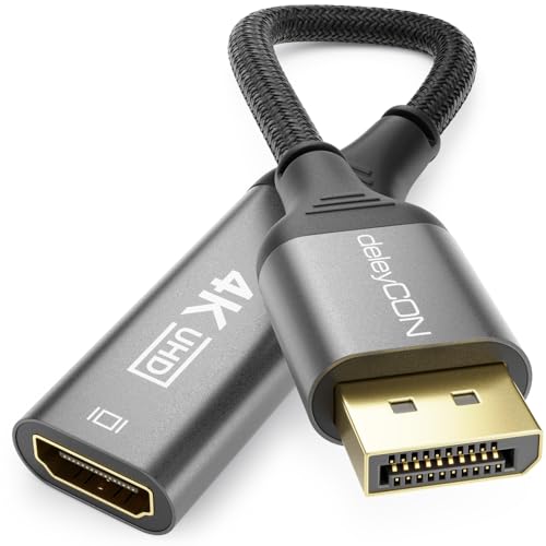 deleyCON 4K DisplayPort zu HDMI Adapter (f&uuml;r HDMI Monitor/TV/Beamer) - Unidirektional - 4K@60Hz, 1080P WQHD @165Hz 144Hz 120Hz 60Hz - f&uuml;r Display-Port Computer Grafikkarte Gaming PC