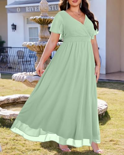 Image of Talisea Plus Size Formal Dresses - V Neck Flutter Sleeve Glitter Prom Evening Gowns Wedding Guest Chiffon Long Maxi Dress
