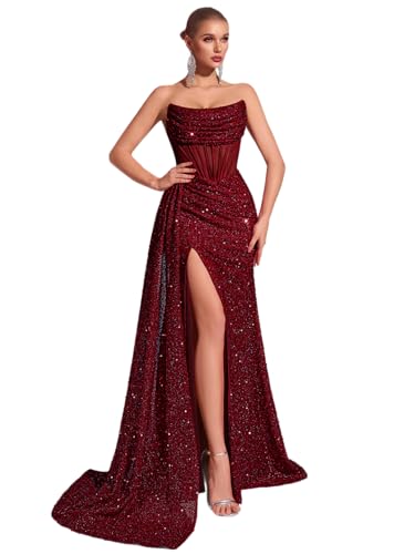 Cocktail Evening Gowns Formal Dresses for Women Sequin Tulle Wedding Guest Party Sexy Off Shoulder Floor Length Prom Dress Wine Red-L