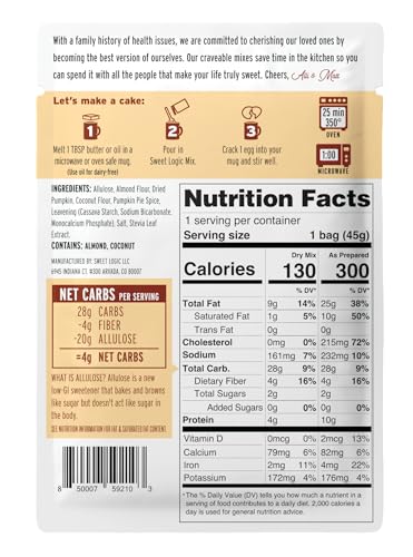 Sweet Logic Keto Dessert Mug Cake Mixes - Pumpkin Spice - Low Sugar - Gluten-Free - Low Carb - Diabetic-Friendly Sweets - Natural Ingredients - High Protein - Delicious Keto Treats (4 Pack)